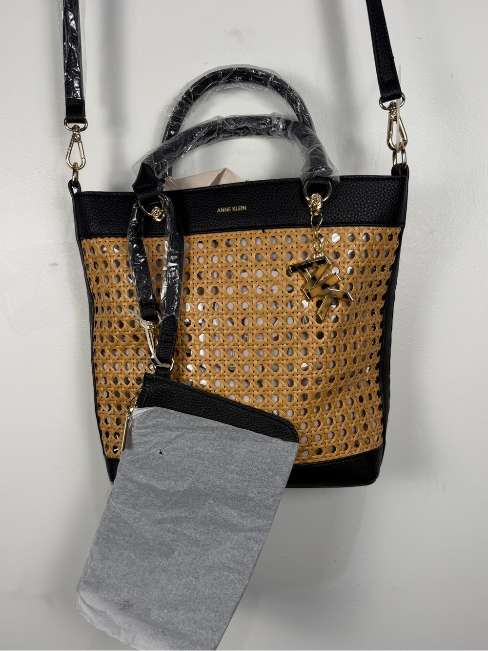 New Anne Klein Raffia Bucket Bag And Clutch Black Crossbody Shoulder Purse